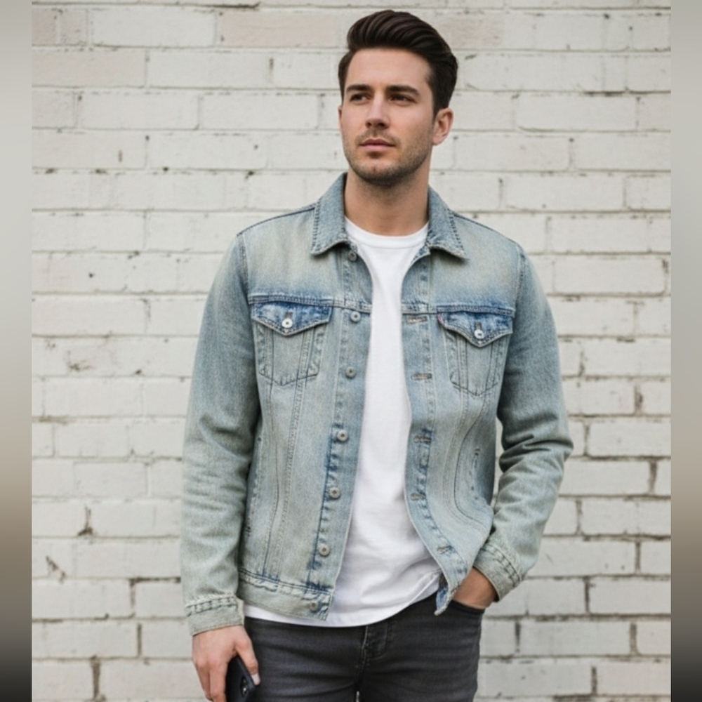 VINTAGE BC ETHIC Denim Jacket, Distressed Acid Wash, Men's Large